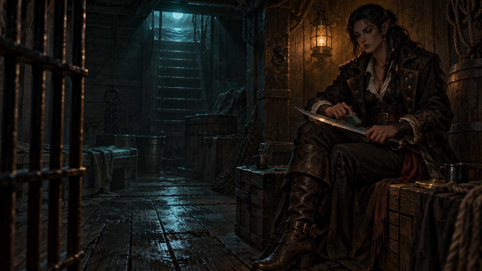 A mysterious pirate captain waits beside a lantern in the dim wooden brig.